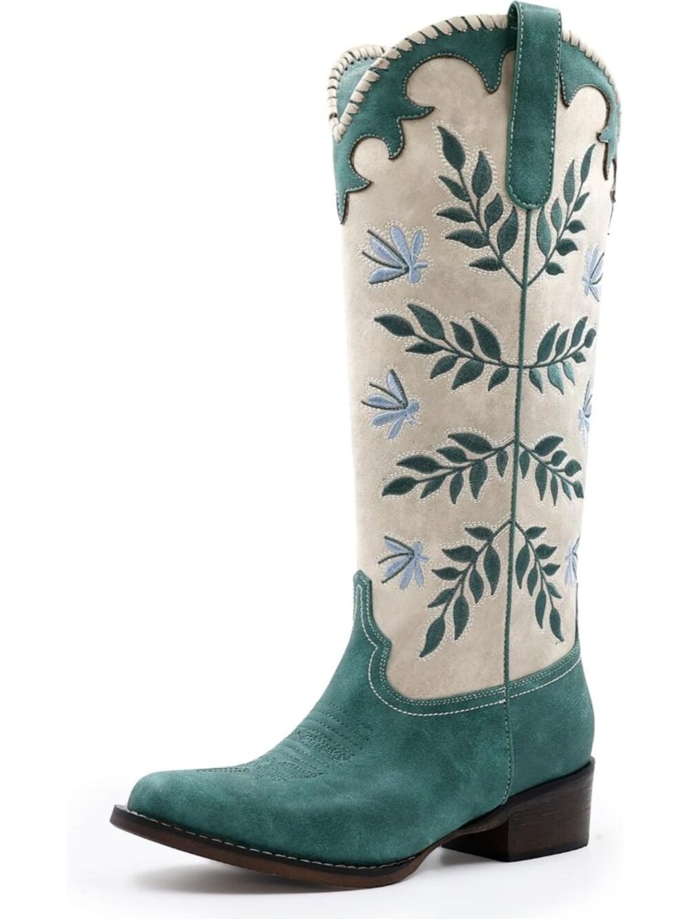 Women's Green Cowgirl Boots Pull On Knee High Round Toe Chunky Heel Western Boot